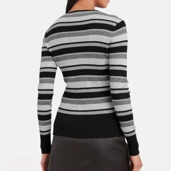 Frame Panel Striped Ribbed Metallic Crew Neck Sweater in Silver Multi, size L - Picture 2 of 10
